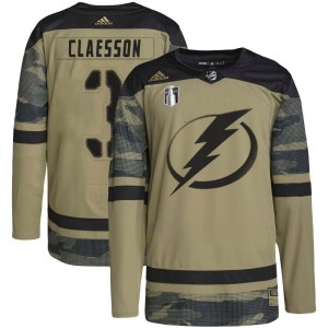 Fredrik Claesson Youth Adidas Tampa Bay Lightning Authentic Camo Military Appreciation Practice 2022 Stanley Cup Final Jersey