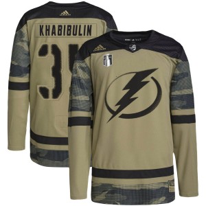 Nikolai Khabibulin Youth Adidas Tampa Bay Lightning Authentic Camo Military Appreciation Practice 2022 Stanley Cup Final Jersey
