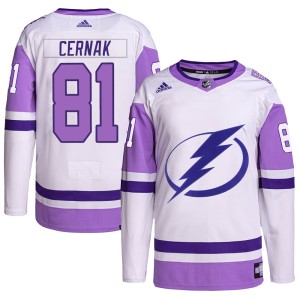 Erik Cernak Youth Adidas Tampa Bay Lightning Authentic White/Purple Hockey Fights Cancer Primegreen Jersey