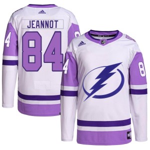 Tanner Jeannot Youth Adidas Tampa Bay Lightning Authentic White/Purple Hockey Fights Cancer Primegreen Jersey