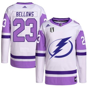 Brian Bellows Youth Adidas Tampa Bay Lightning Authentic White/Purple Hockey Fights Cancer Primegreen 2022 Stanley Cup Final Jer