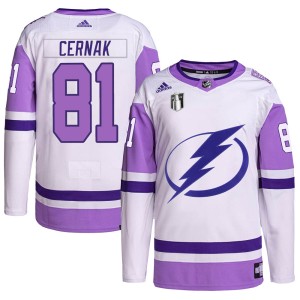 Erik Cernak Youth Adidas Tampa Bay Lightning Authentic White/Purple Hockey Fights Cancer Primegreen 2022 Stanley Cup Final Jerse