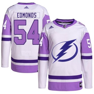 Lucas Edmonds Youth Adidas Tampa Bay Lightning Authentic White/Purple Hockey Fights Cancer Primegreen 2022 Stanley Cup Final Jer