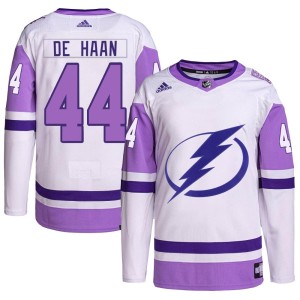 Calvin de Haan Youth Adidas Tampa Bay Lightning Authentic White/Purple Hockey Fights Cancer Primegreen 2022 Stanley Cup Final Je