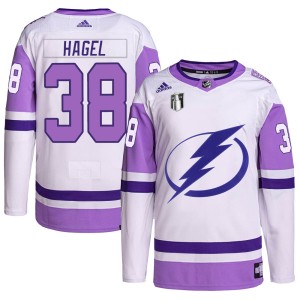Brandon Hagel Youth Adidas Tampa Bay Lightning Authentic White/Purple Hockey Fights Cancer Primegreen 2022 Stanley Cup Final Jer