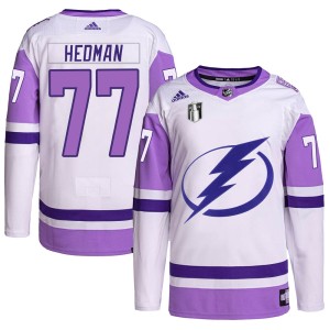 Victor Hedman Youth Adidas Tampa Bay Lightning Authentic White/Purple Hockey Fights Cancer Primegreen 2022 Stanley Cup Final Jer