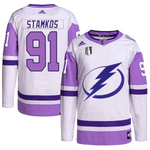 Steven Stamkos Youth Adidas Tampa Bay Lightning Authentic White/Purple Hockey Fights Cancer Primegreen 2022 Stanley Cup Final Je