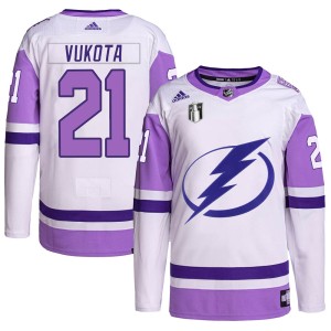 Mick Vukota Youth Adidas Tampa Bay Lightning Authentic White/Purple Hockey Fights Cancer Primegreen 2022 Stanley Cup Final Jerse