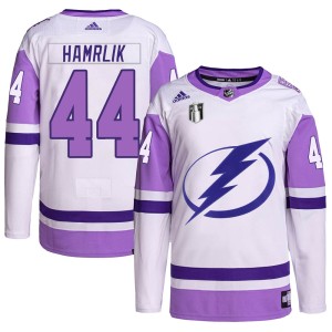Roman Hamrlik Men's Adidas Tampa Bay Lightning Authentic White/Purple Hockey Fights Cancer Primegreen 2022 Stanley Cup Final Jer