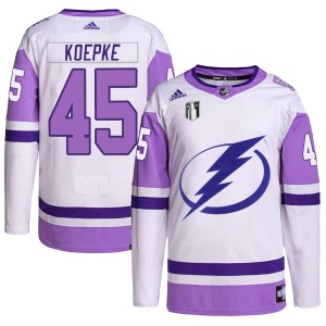 Cole Koepke Men's Adidas Tampa Bay Lightning Authentic White/Purple Hockey Fights Cancer Primegreen 2022 Stanley Cup Final Jerse