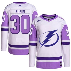 Kyle Konin Men's Adidas Tampa Bay Lightning Authentic White/Purple Hockey Fights Cancer Primegreen 2022 Stanley Cup Final Jersey