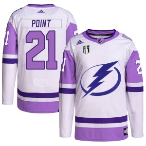 Brayden Point Men's Adidas Tampa Bay Lightning Authentic White/Purple Hockey Fights Cancer Primegreen 2022 Stanley Cup Final Jer