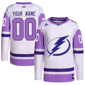 Custom Men's Adidas Tampa Bay Lightning Authentic White/Purple Custom Hockey Fights Cancer Primegreen Jersey
