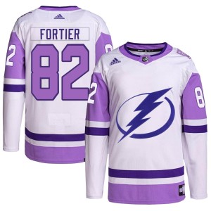 Gabriel Fortier Men's Adidas Tampa Bay Lightning Authentic White/Purple Hockey Fights Cancer Primegreen Jersey