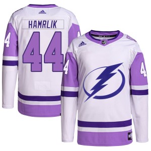 Roman Hamrlik Men's Adidas Tampa Bay Lightning Authentic White/Purple Hockey Fights Cancer Primegreen Jersey