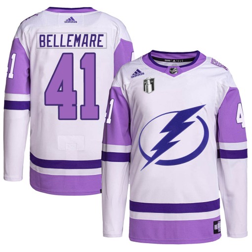 Pierre-Edouard Bellemare Youth Adidas Tampa Bay Lightning Authentic White/Purple Hockey Fights Cancer Primegreen 2022 Stanley Cu