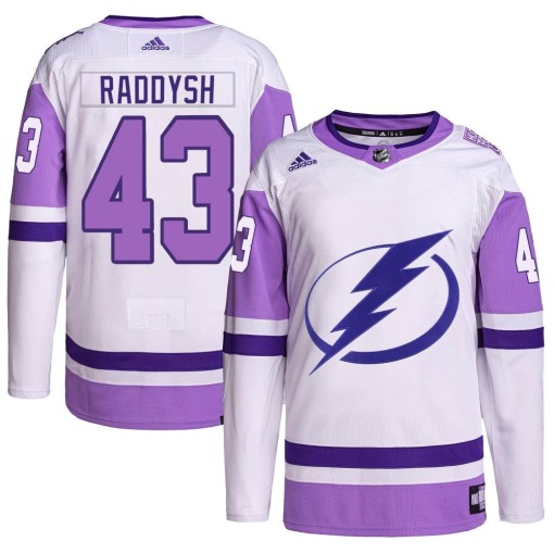Darren Raddysh Men's Adidas Tampa Bay Lightning Authentic White/Purple Hockey Fights Cancer Primegreen 2022 Stanley Cup Final Je