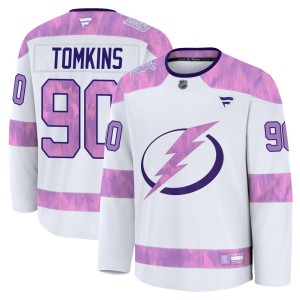 Matt Tomkins Youth Fanatics Tampa Bay Lightning Premium White 2024 Hockey Fights Cancer Practice Jersey