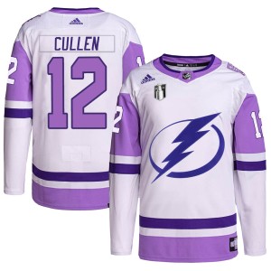 John Cullen Men's Adidas Tampa Bay Lightning Authentic White/Purple Hockey Fights Cancer Primegreen 2022 Stanley Cup Final Jerse