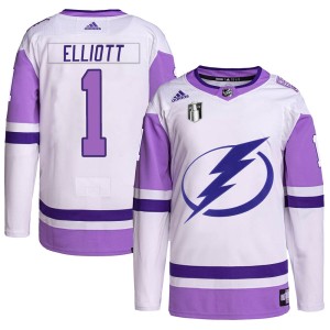 Brian Elliott Men's Adidas Tampa Bay Lightning Authentic White/Purple Hockey Fights Cancer Primegreen 2022 Stanley Cup Final Jer